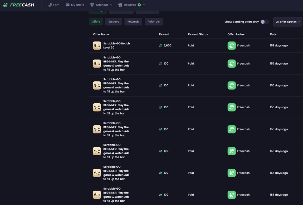 screenshot of my Freecash earnings